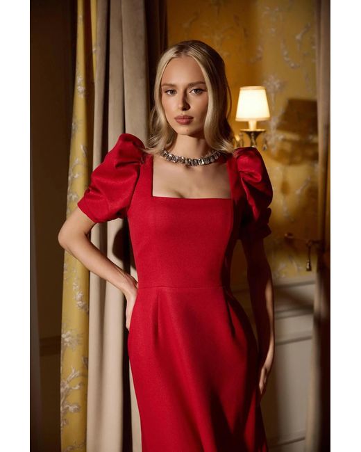 POST MERIDIEM Red Godet Silhouette Square Neck Midi Dress