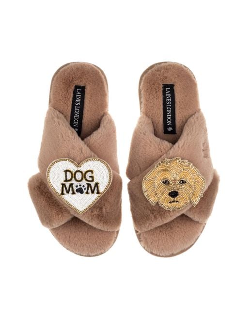Laines London Brown Neutrals Classic Laines Slippers With Dog Mum Mom & Golden Cockapoo Brooches