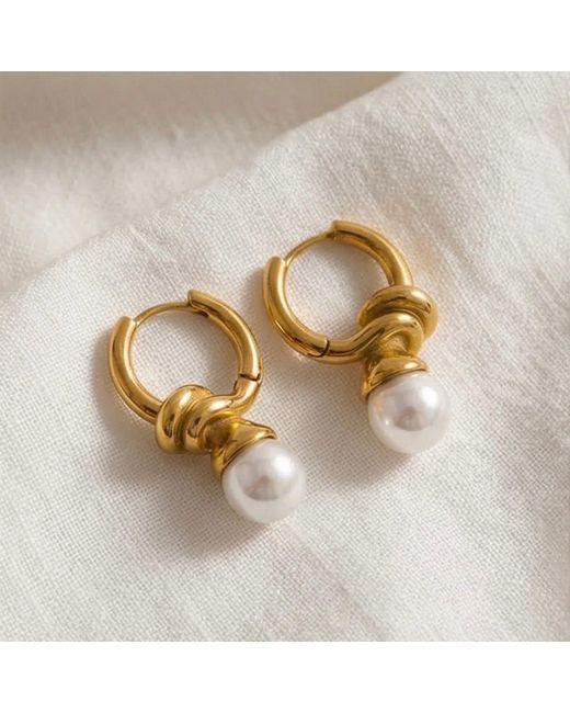 Divine Aria Metallic Pearl Knot Huggie Hoop Earrings
