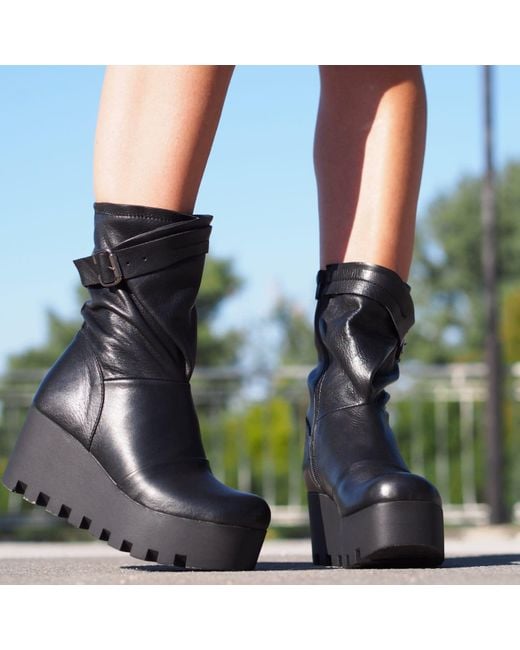 Adrenaline Fashion Black Leather Platform Boots With Buckle Strap Chunky Sole Designer Ankle Boots