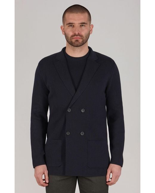 Paul James Knitwear Blue Lightweight Cotton Bruno Double Breasted Knitted Blazer for men