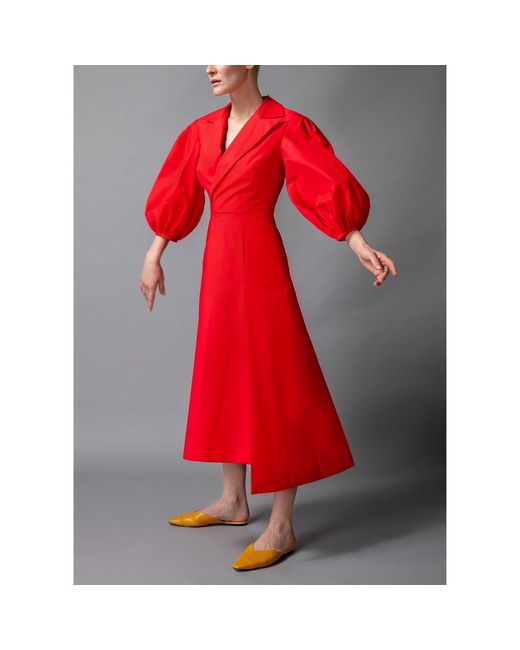 Femponiq Red Wide Lapel Asymmetric Cotton Dress