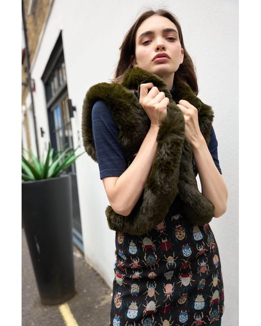 Louche Green Dominica Beetlejuice Jacquard Faux Fur Trimmed Waistcoat