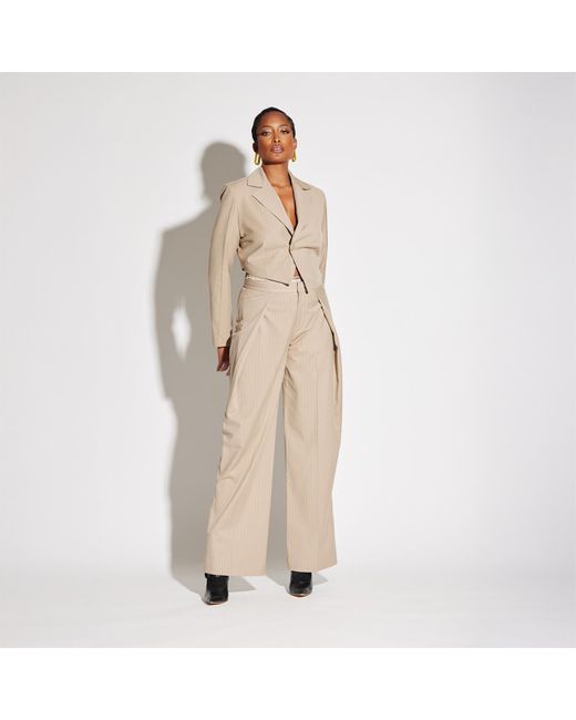 Circular Path Natural Neutrals Asymmetric Crop Pinstripe Blazer