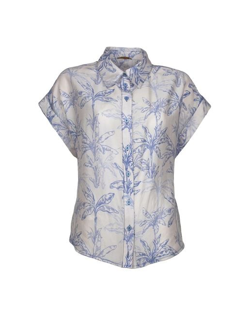 Lalipop Design Blue Drop-Shoulder Palm Leaf Printed Button-Down Shirt