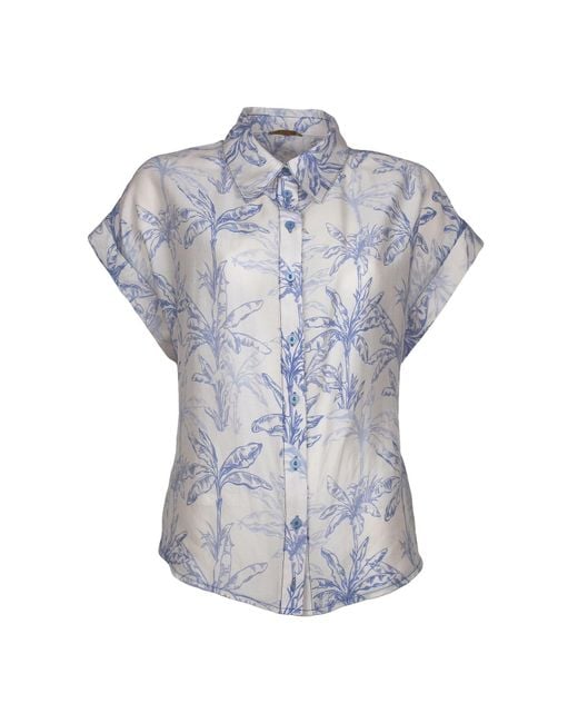 Lalipop Design Blue Drop-Shoulder Palm Leaf Printed Button-Down Shirt