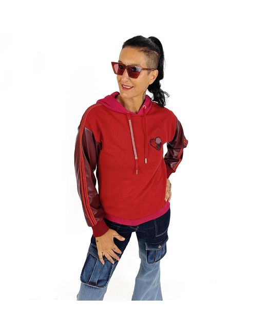 Lalipop Design Red Color Block Hoodie With Vegan Leather Sleeves