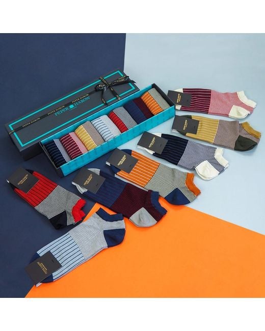Peper Harow - Made in England Blue Father's Day Trainer Socks Gift Box – Oxford Stripe for men