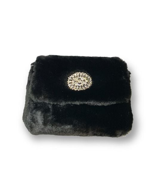 DAMAPREZIOSA Black Victoria Jeweled Handle Bag – Vegan Fur