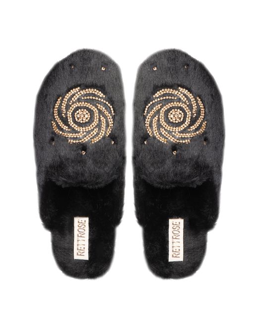 Rettrose Black Morgan Noir Luxury Plush Diamanté Embellished Handmade Slipper