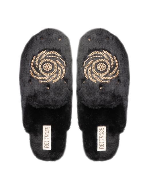 Rettrose Black Morgan Noir Luxury Plush Diamanté Embellished Handmade Slipper