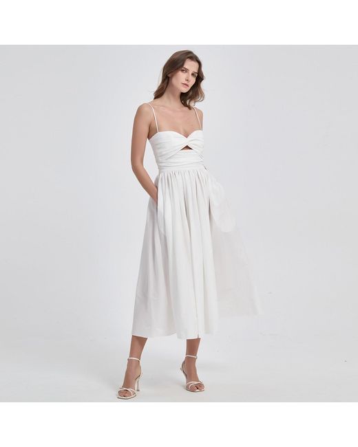 NUAJE NUAJE White Reverie Twist Front Ruched Cotton Midi Dress