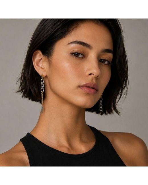 Kirei Metallic Haze Earrings – Asymmetrical Stainless Steel Chains With Crystal-Set Spike