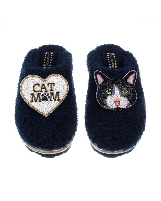 Laines London Blue Teddy Closed Toe Slippers With Oreo Cat & Cat Mum / Mom Brooches