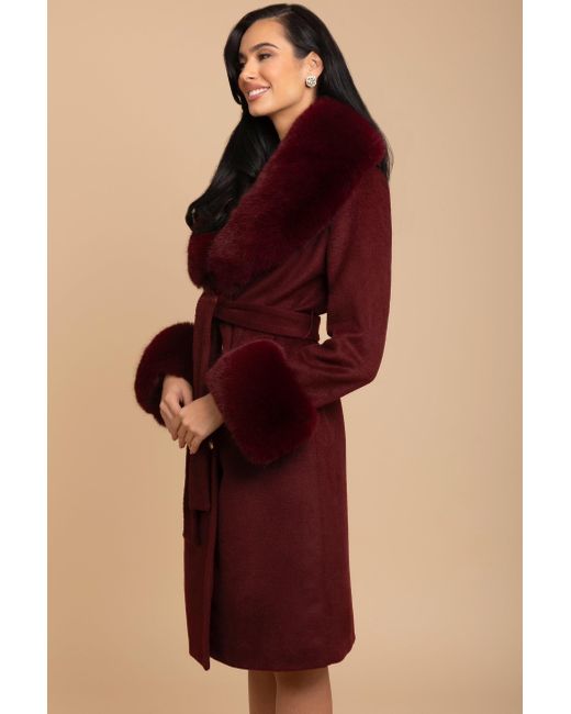 Santinni Red Luxurious Cashmere-Wool Coat With Faux Fur