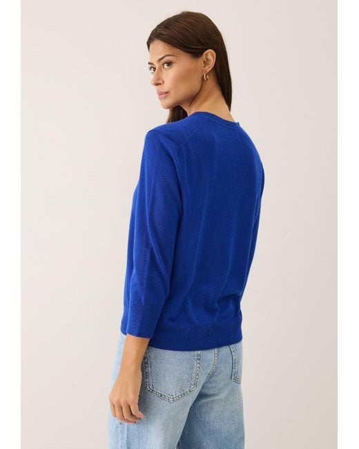 Loop Cashmere Blue Three Quarter Sleeve Crew Neck Cardigan
