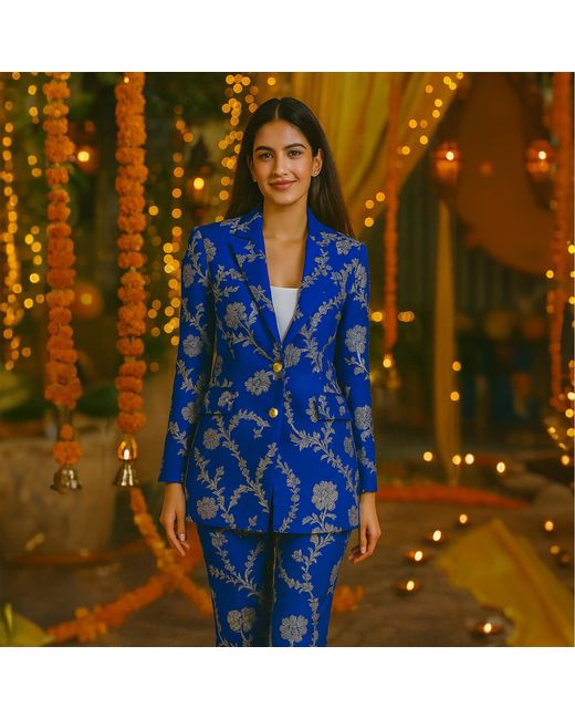 Richa Sharma Blue Luxury Royal Brocade Blazer With Embroidery