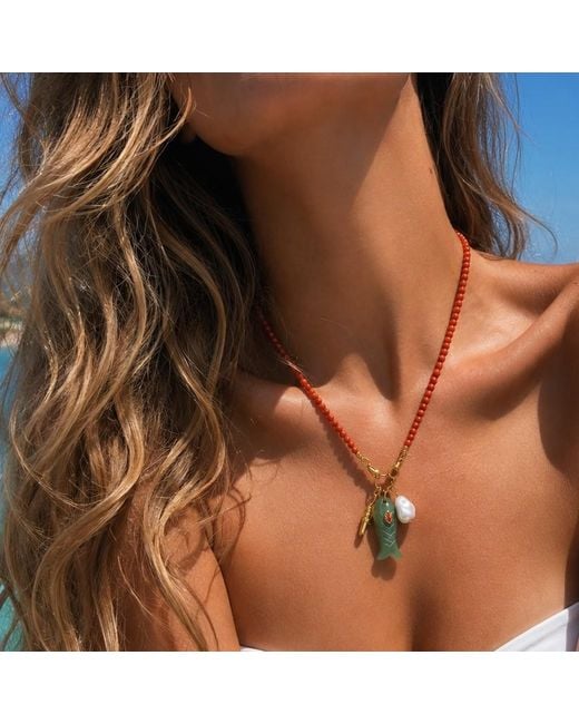 Ormiro Metallic Happy Fish Carnelian & Aventurine Beaded Necklace