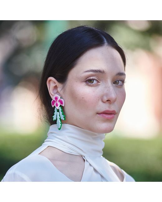 Gissa Bicalho Green Neutrals Handmade Acrylic Earring Orchids And Leaves Vanilla