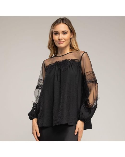 Tantra Spain Sl Black Chiffon Blouse With Tulle Sleeves And Shoulders And Lace Details