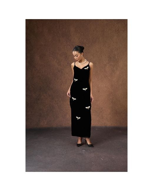 Silk and Bears Black Hand-Embroidered Bee Silk Velvet Evening Dress