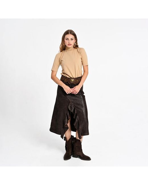Lalipop Design Gray Ruffled Front Vegan Leather Midi Skirt
