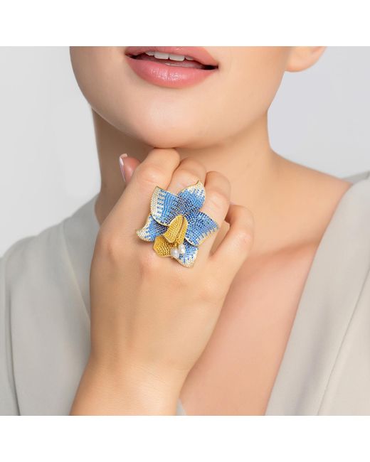 Latelita London Blue Daffodil With Pearls Cocktail Ring Sapphire Cz