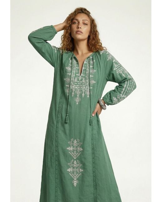 Raffya Green Aurelia Kaftan Style Embroidered Maxi Dress