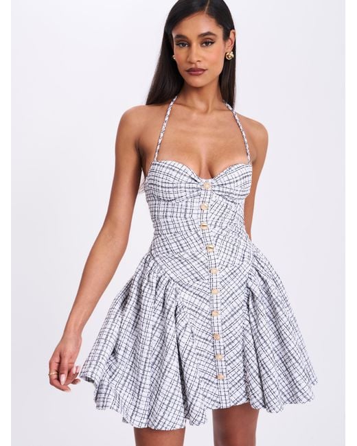 Miss Circle New York Gray Melody & Plaid Tweed Halter Drop Waist Mini Dress