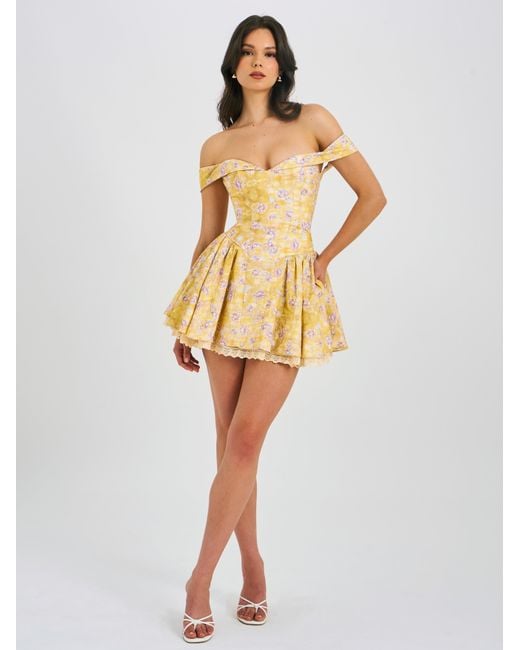 Miss Circle New York Yellow Oana Floral Print Linen Collared Off Shoulder Mini Dress