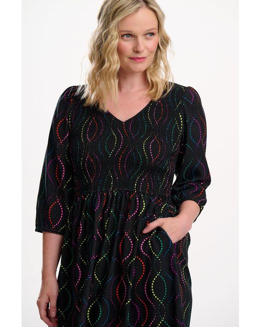 Sugarhill Black Magdalene Shirred Midi Dress, Dotted Waves