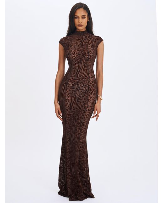 Miss Circle New York Gray Tyanna Mocha Burnout Velvet Mesh Backless Mermaid Maxi Dress