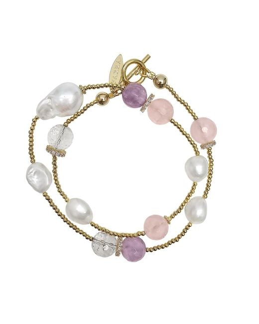 Farra Metallic Baroque Pearls With Rose Quartz And Amethyst Double Layers Bracelet