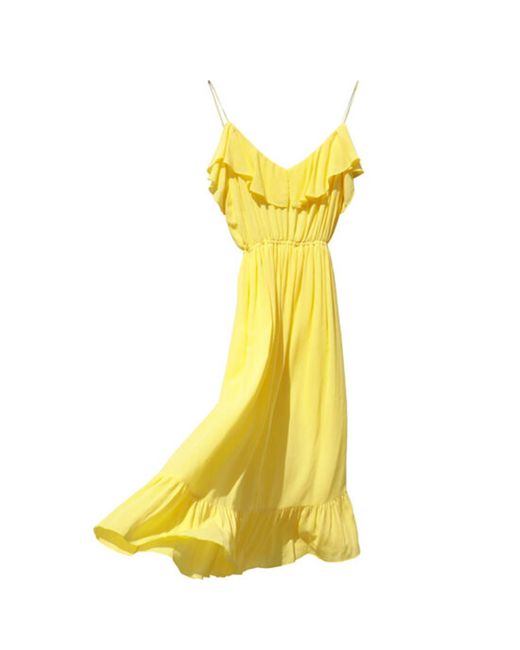 2KStyle Yellow Amalia Ruffle Spaghetti Straps Viscose Midi Dress