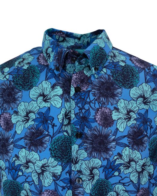 Lords of Harlech Tim Hibiscus Garden Shirt In Blue for men