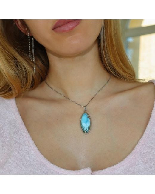 Mineralgems•Studio Blue Larimar Navette Pendant With Sterling Chain