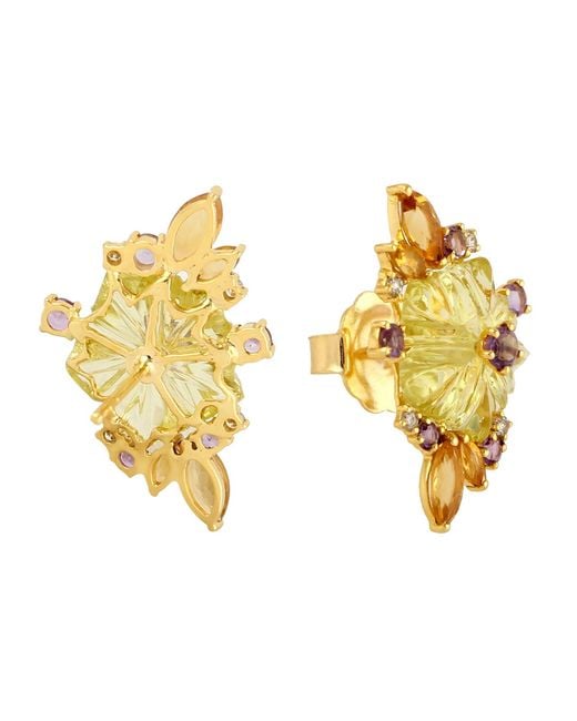 Artisan Metallic Carved Lemon Quartz, Citrine, Rhodolite Garnet & Diamond Floral Earrings