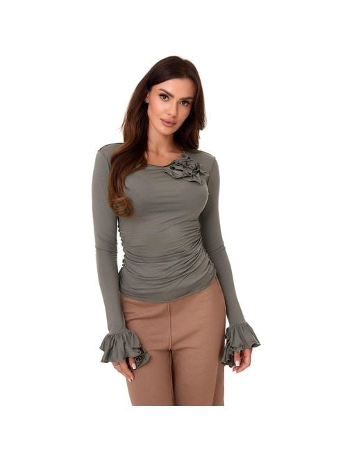 Mandragora Green Viscose Longsleeve With Ruffles And A Decorative Rose – Rosalie Khaki