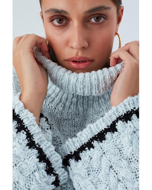 Peraluna Blue Ilda Pure Cotton Embroidered Cable Knit Pullover
