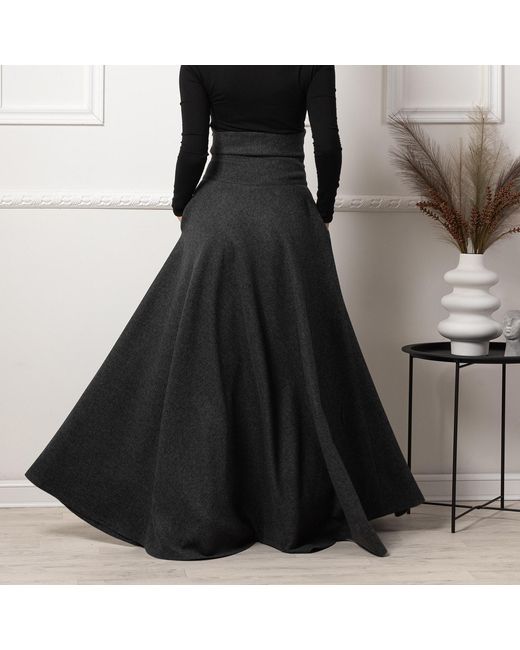 Nikka Place Black Ultra High Waist Wool Maxi Skirt With Pockets