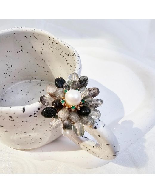 Farra Black Phantom Quartz Floral Brooch