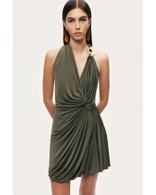 Nocturne Green Neutrals Draped Halter Mini Dress
