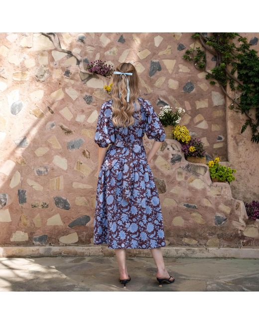 Echo of Pink Blue Elodie Hand Block Print Cotton Drop Waist Dress