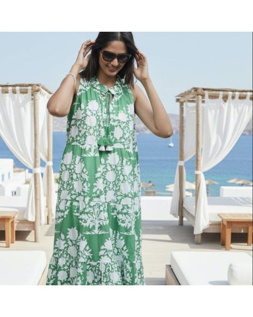 La Mandarine Green Summer Maxi Dress With Pockets. Beach Dress, & Ikat Cotton Maxi Dress