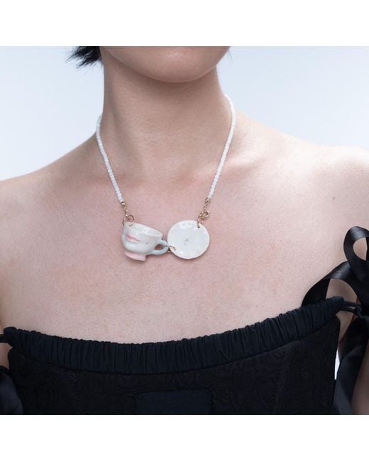 H2 Studio Pink The Cup Theater Mini Porcelain Cup & Plate Shell Beads Necklace