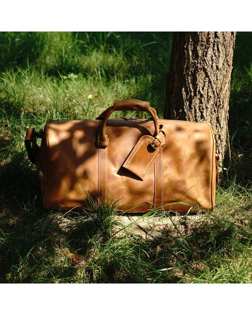 Touri Brown Leather Weekend Bag With Shoe Storage for men