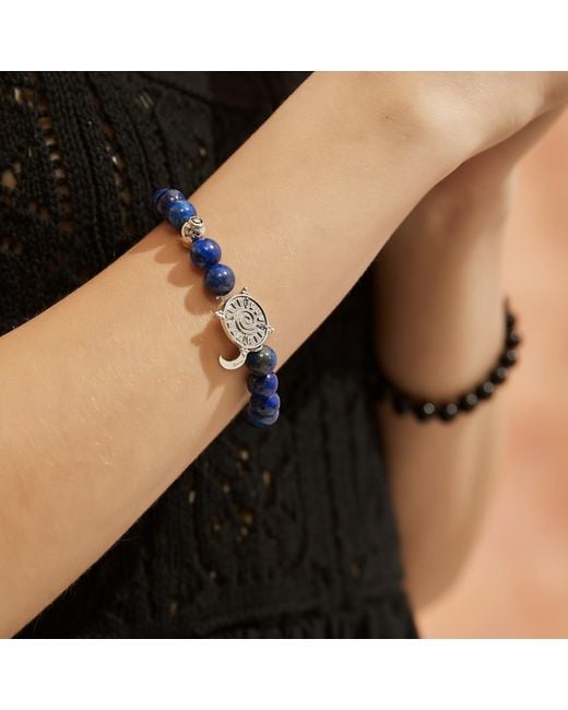 Aurozia Blue Three Charms Solar Meridian Whitegold Plated Sundial And The Sun Coin Lapis Lazuli Beaded Bracelet