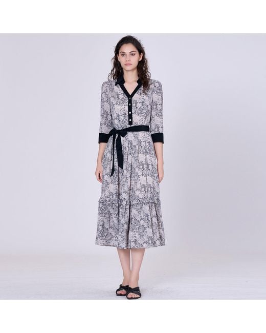 Smart and Joy Gray Neutrals Bi Material Printed Blouse-dress