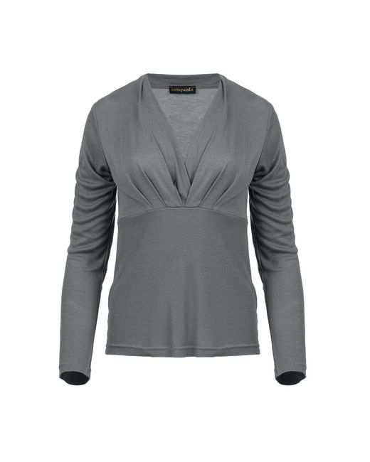 Conquista Gray Soft Ribbed Viscose Jersey Top – V-Neck, Long Sleeve