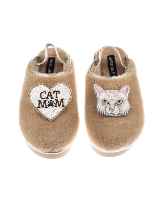 Laines London Multicolor Neutrals Flatform Cloud Slippers With Lily Cat & Cat Mum/Mom Brooches